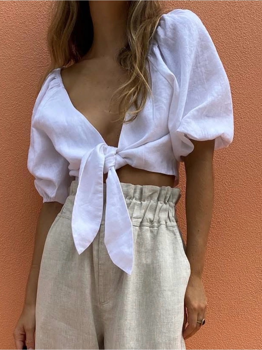 POSSE Mia Linen tie front balloon sleeve blouse in white size S